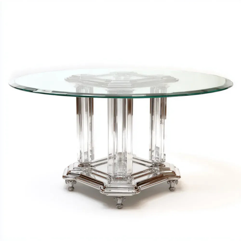 Round Glass Dining Table 120x120x76 cm - Transparent Acrylic Base ¨C Art Deco Style