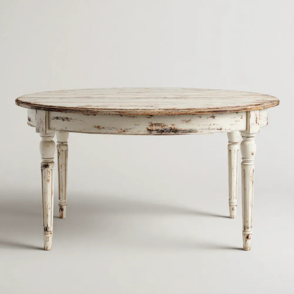 Oval Dining Table 150x90x76 cm - Distressed Wood - Vintage White - Rustic Design