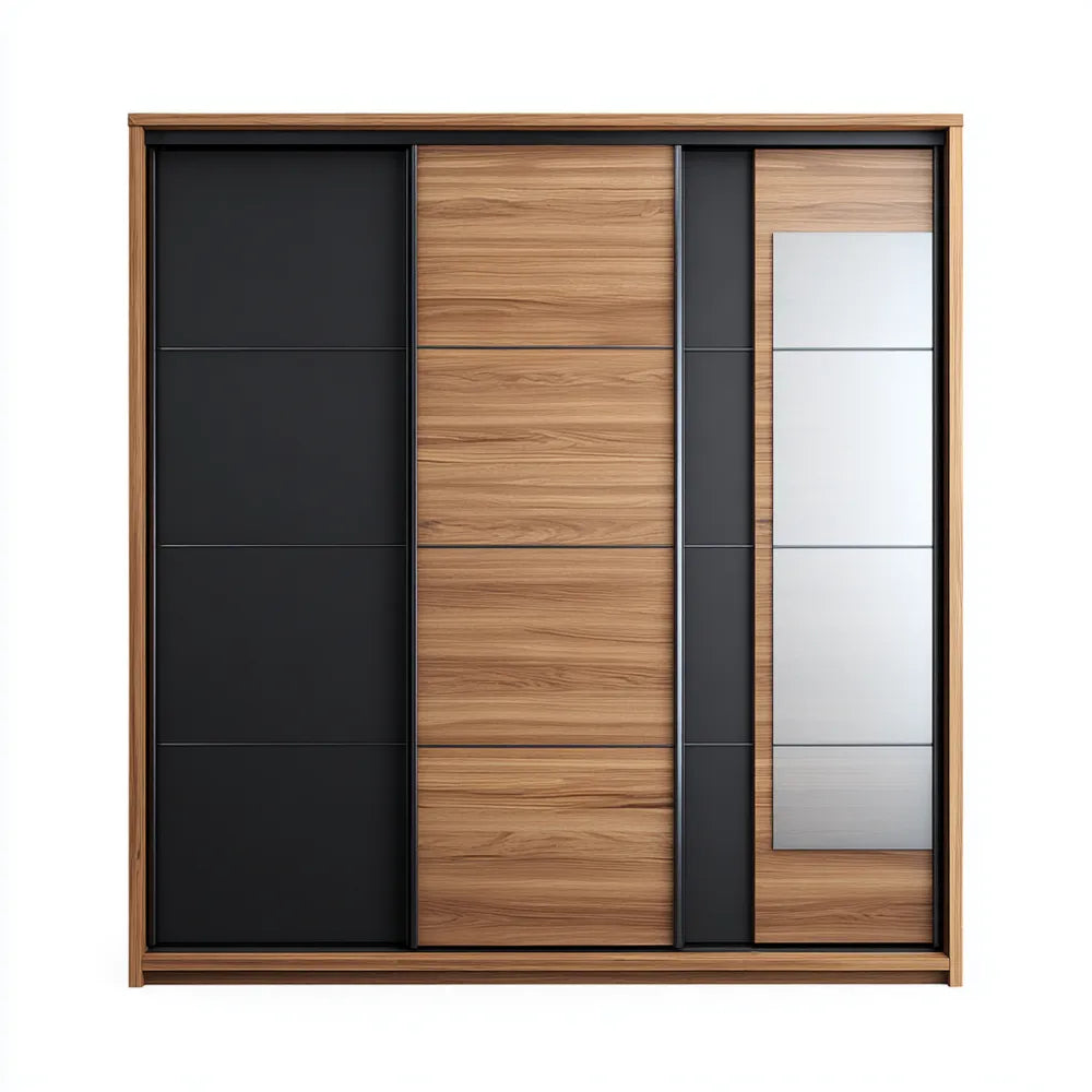 Sliding Door Wardrobe Wood and Glass 180x60x200 cm - Black/Wood - Modern Design