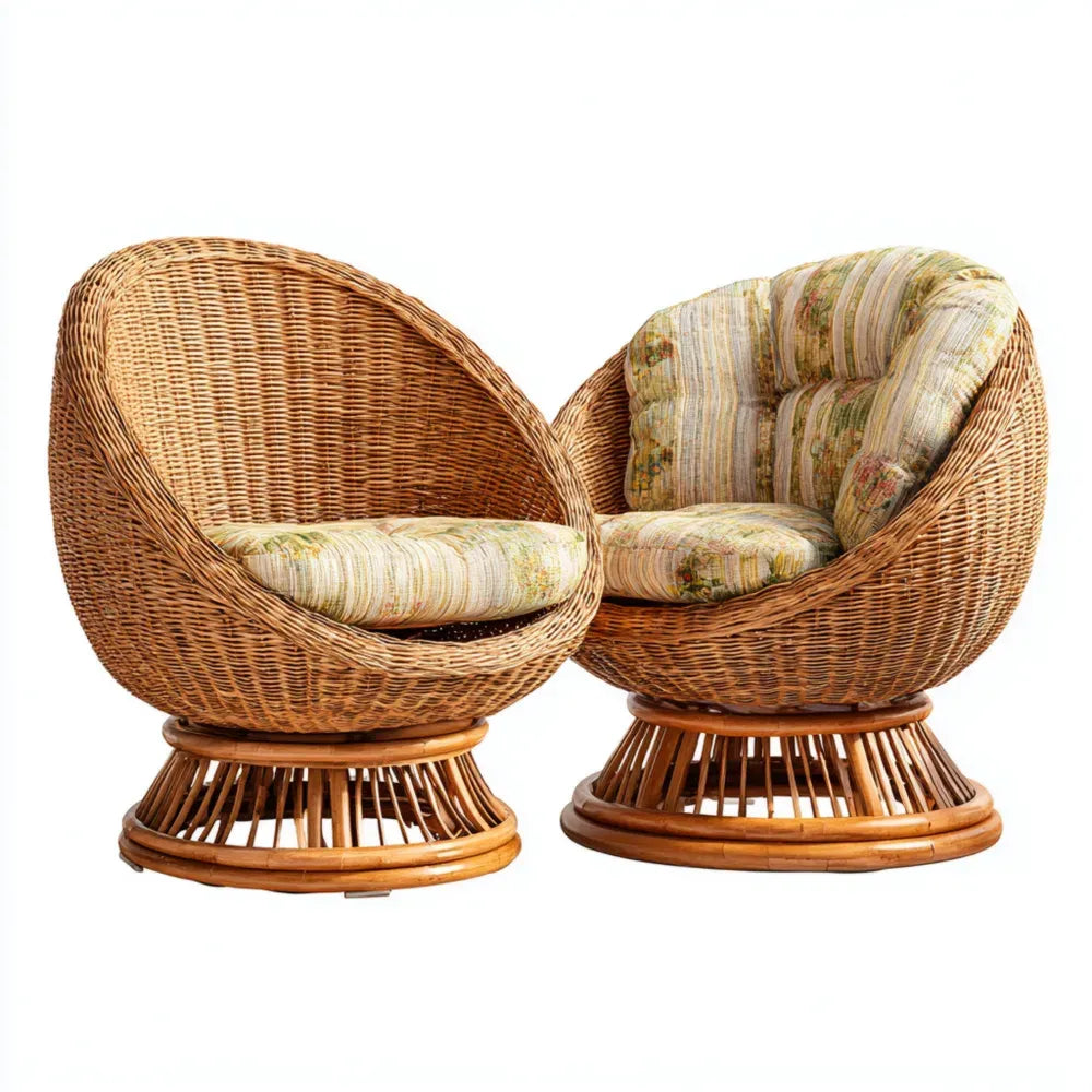 Round Rattan Patio Lounge Chairs with Cushions - 80x70x80 cm - Natural - Bohemian Style